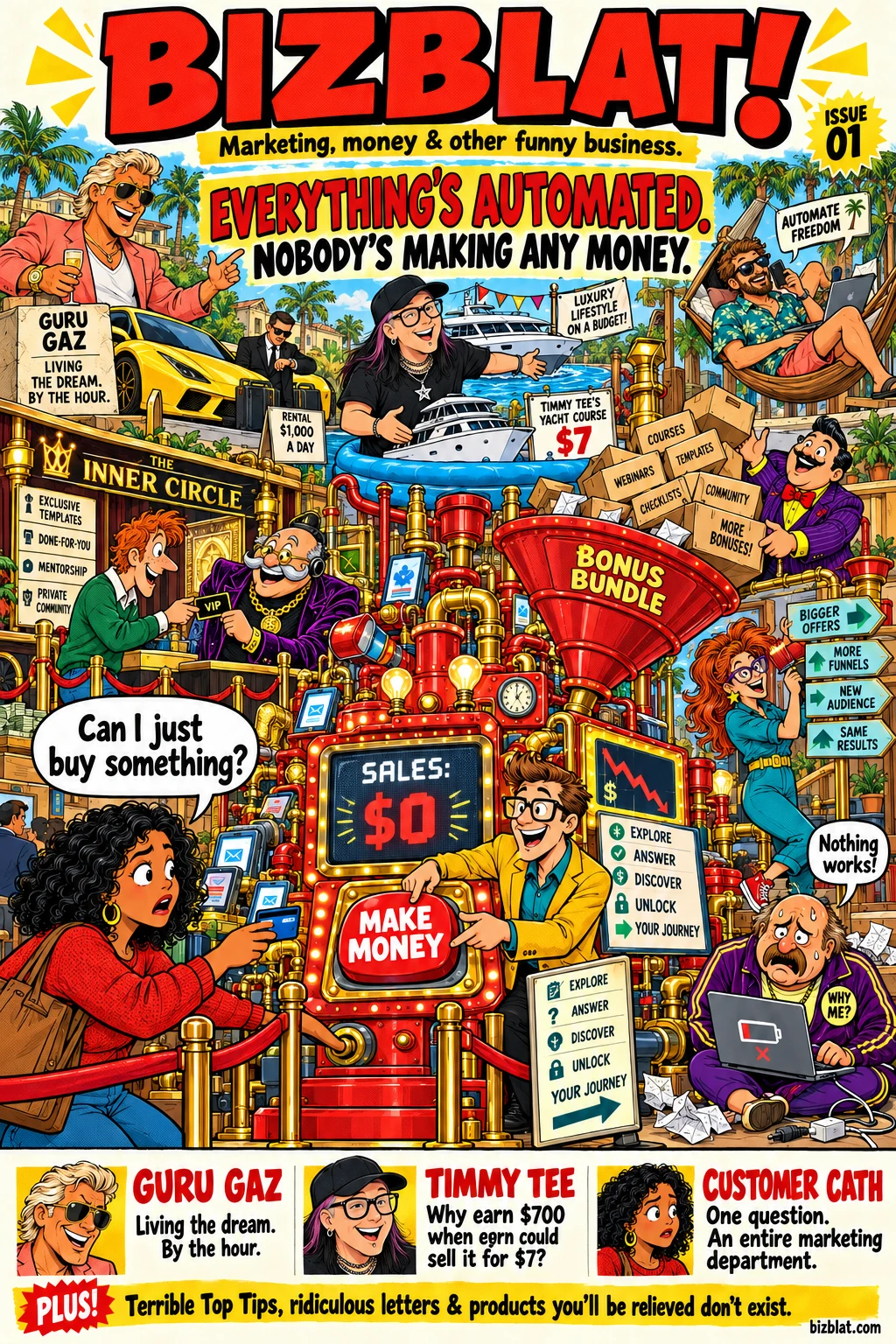 Bizblat Issue 01 cover. Everything's automated. Nobody's making any money. A chaotic scene with the magazine's characters.